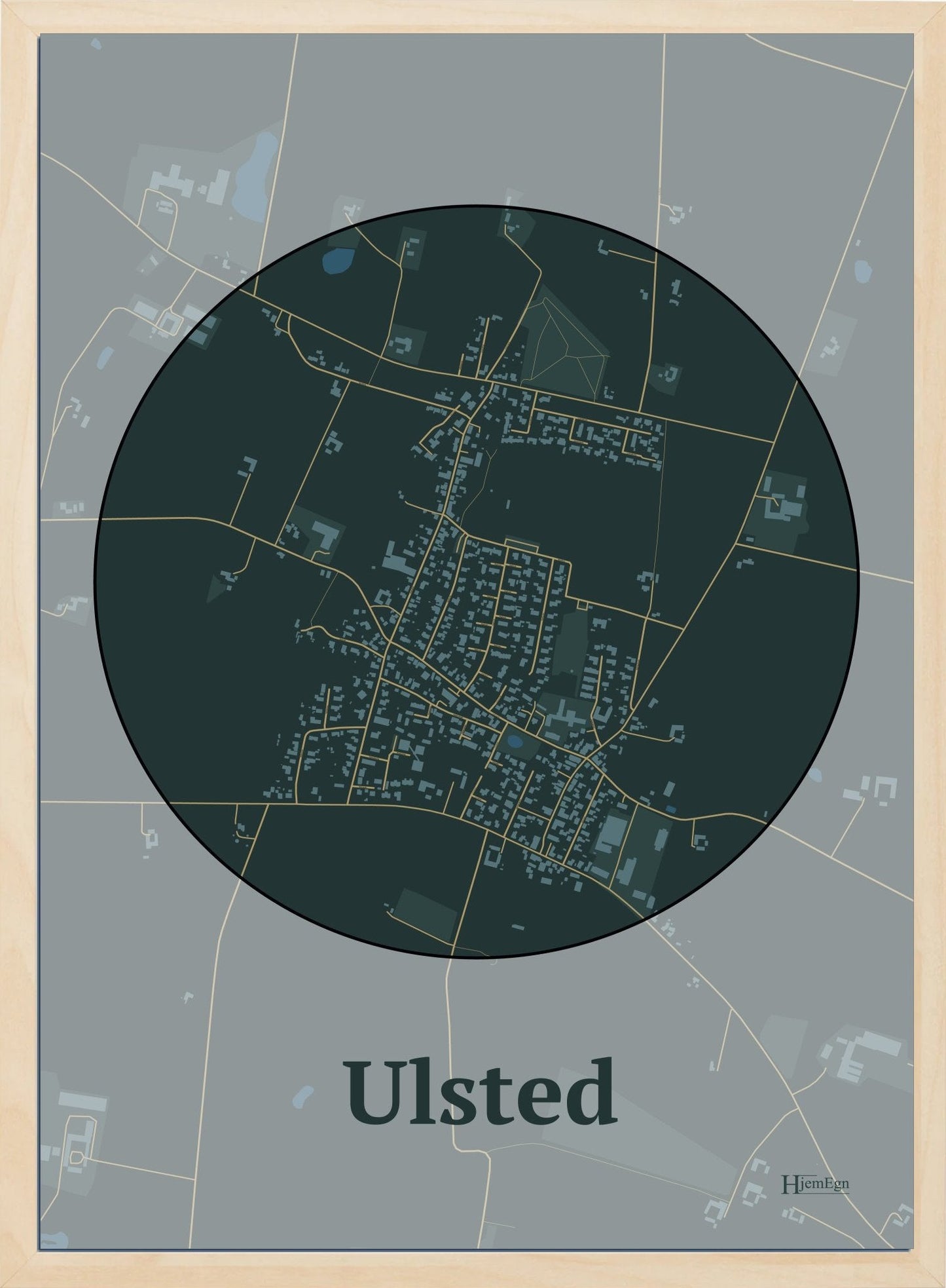 Ulsted plakat i farve mørk grøn og HjemEgn.dk design centrum. Design bykort for Ulsted