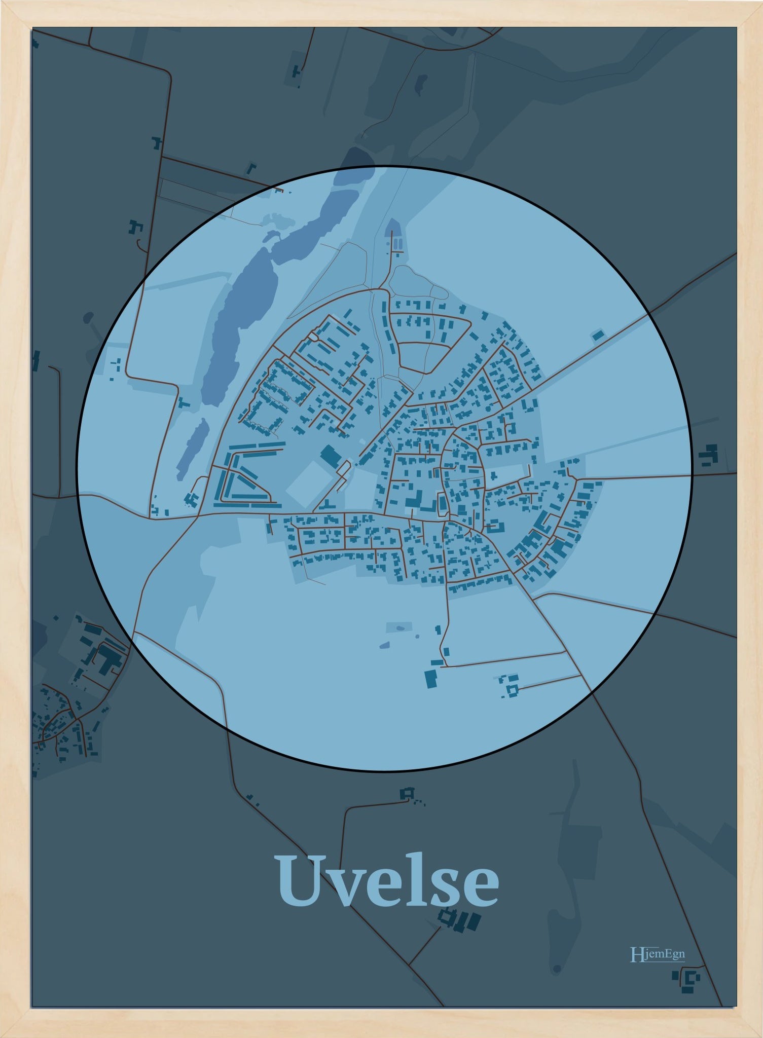 Uvelse plakat i farve pastel blå og HjemEgn.dk design centrum. Design bykort for Uvelse