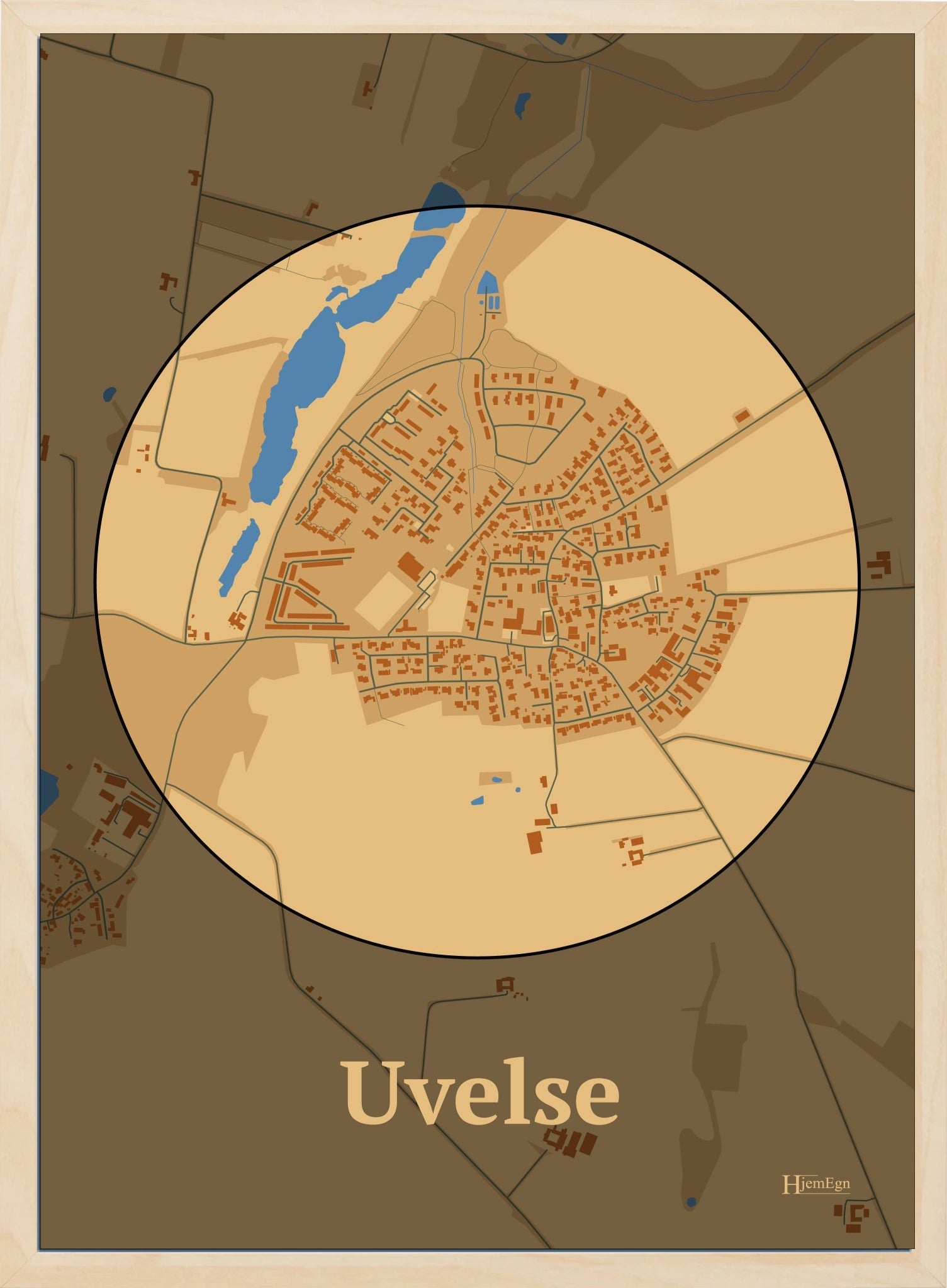Uvelse plakat i farve pastel brun og HjemEgn.dk design centrum. Design bykort for Uvelse