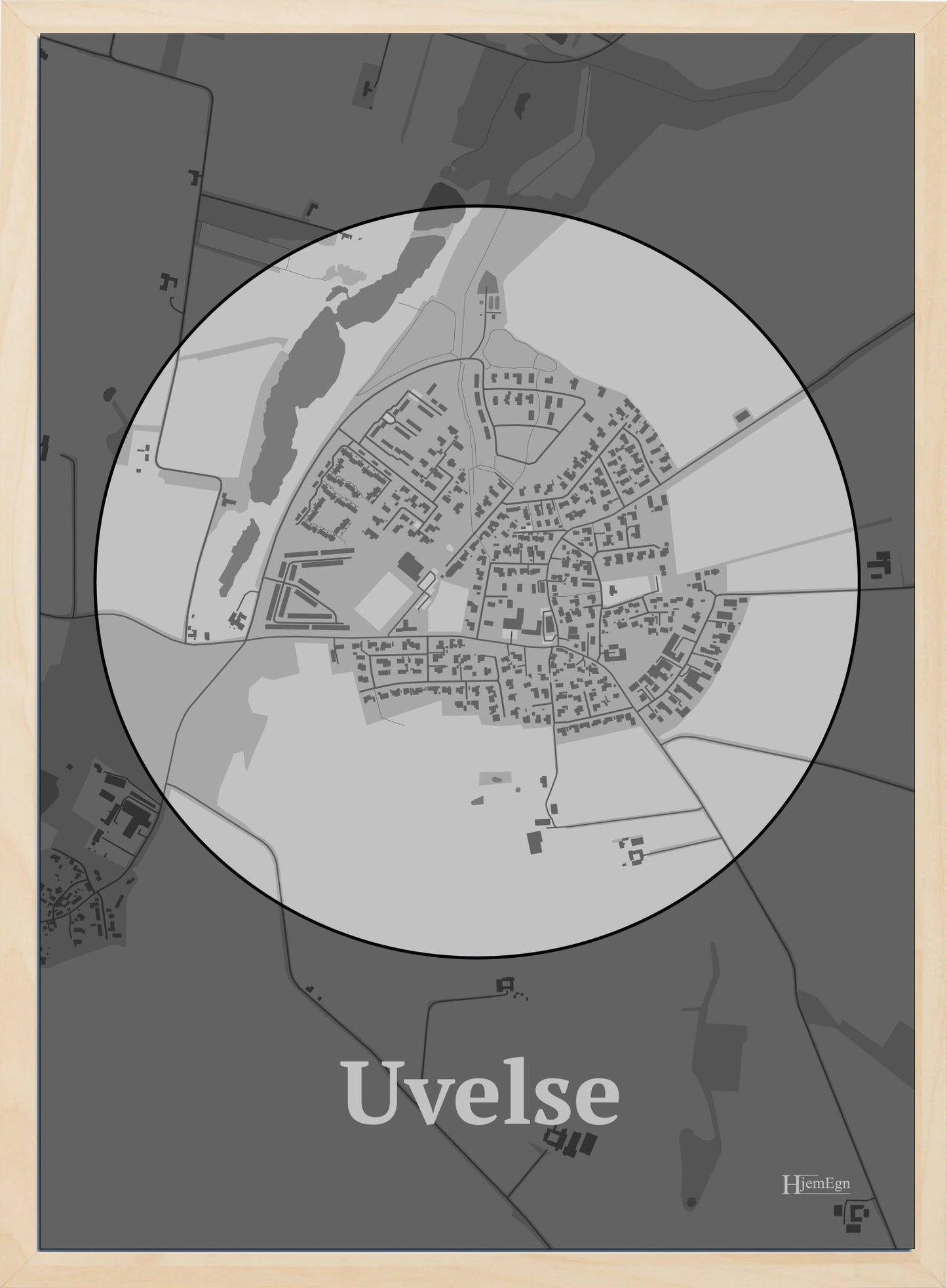 Uvelse plakat i farve pastel grå og HjemEgn.dk design centrum. Design bykort for Uvelse