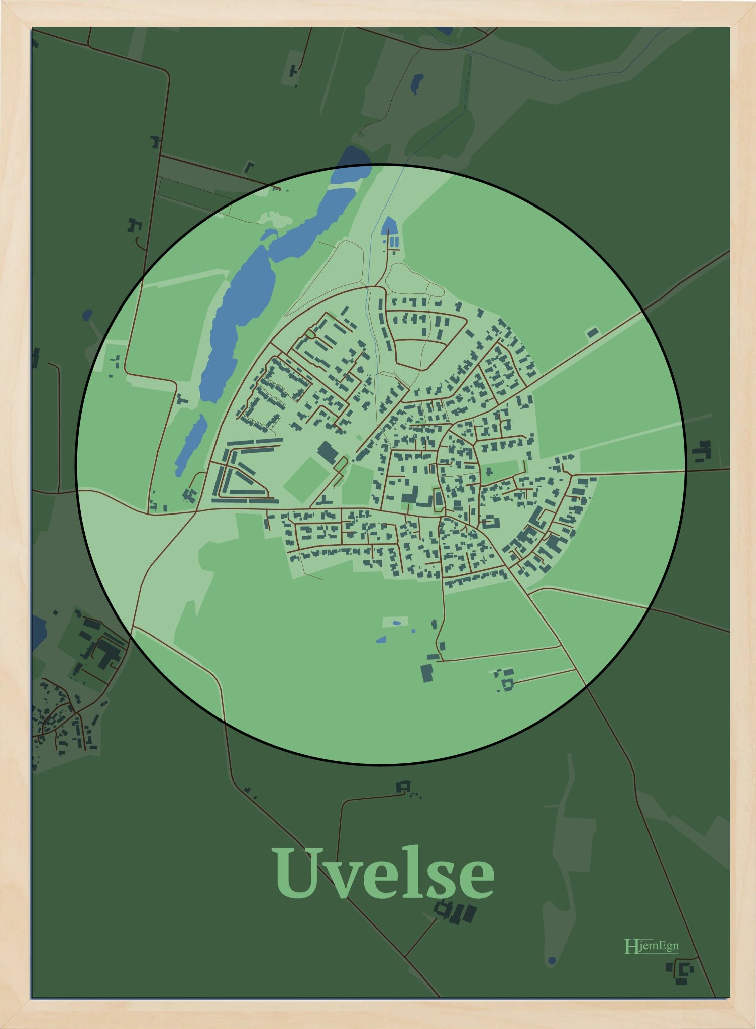 Uvelse plakat i farve pastel grøn og HjemEgn.dk design centrum. Design bykort for Uvelse