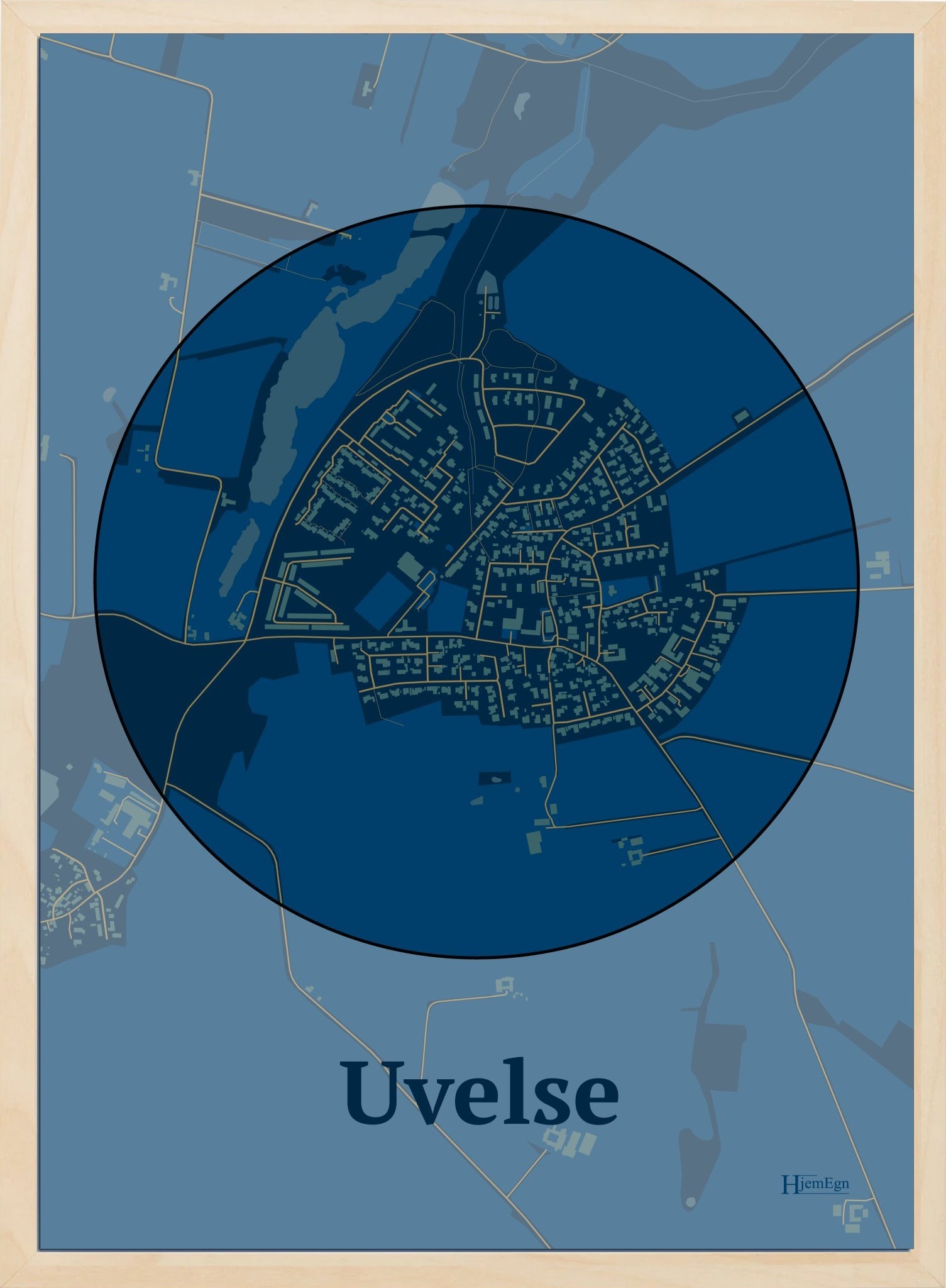 Uvelse plakat i farve mørk blå og HjemEgn.dk design centrum. Design bykort for Uvelse