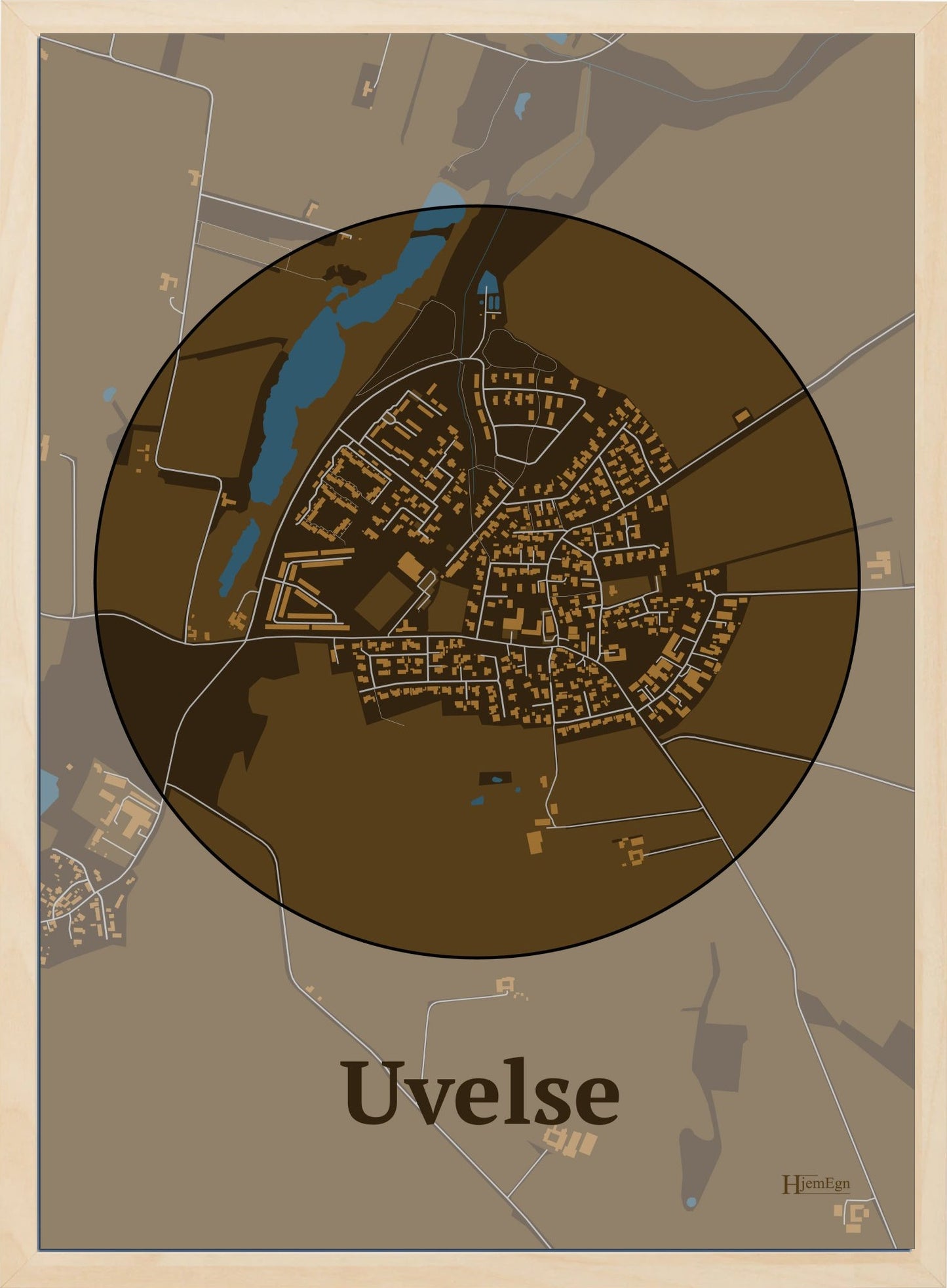 Uvelse plakat i farve mørk brun og HjemEgn.dk design centrum. Design bykort for Uvelse
