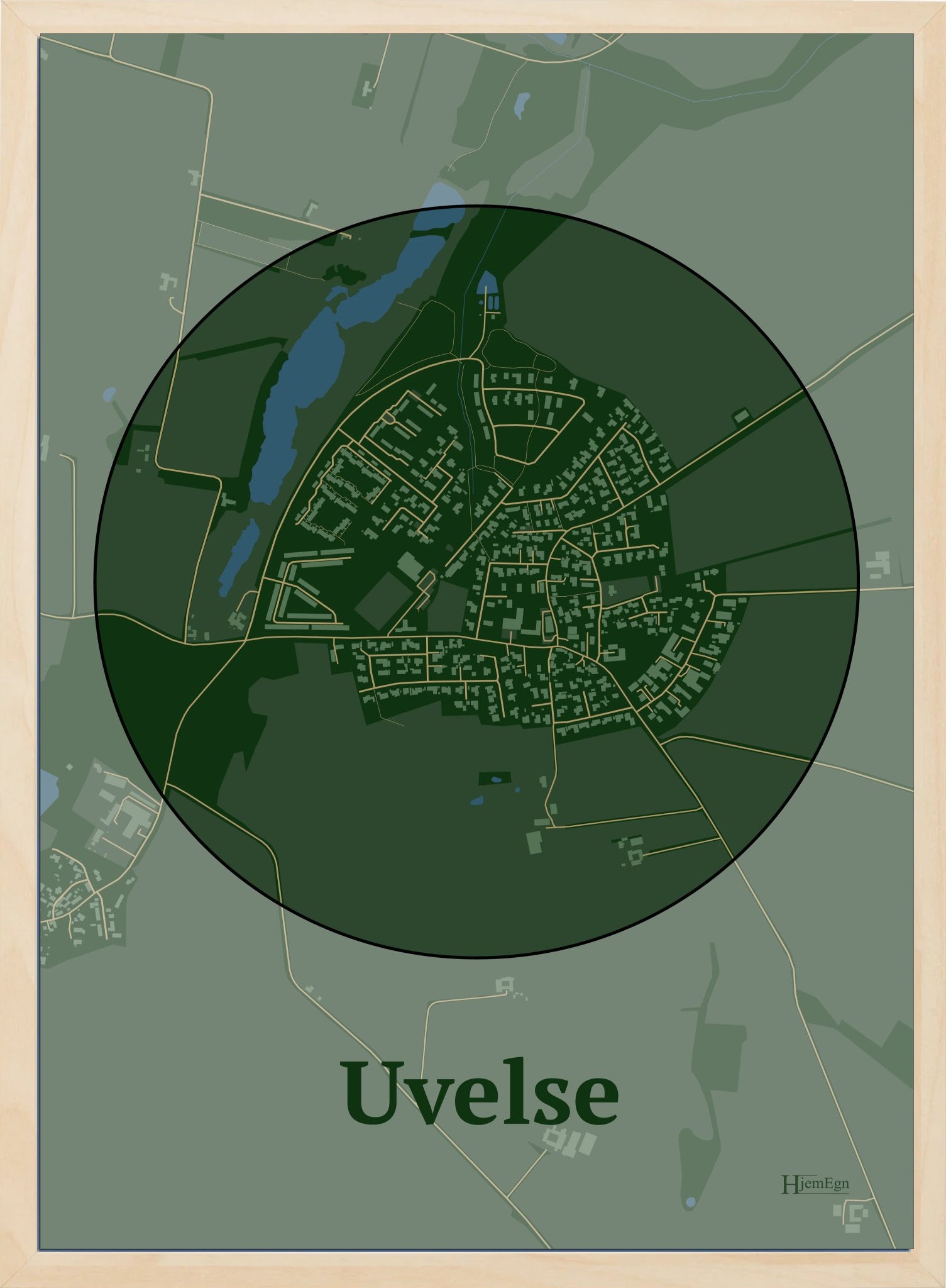 Uvelse plakat i farve mørk grøn og HjemEgn.dk design centrum. Design bykort for Uvelse