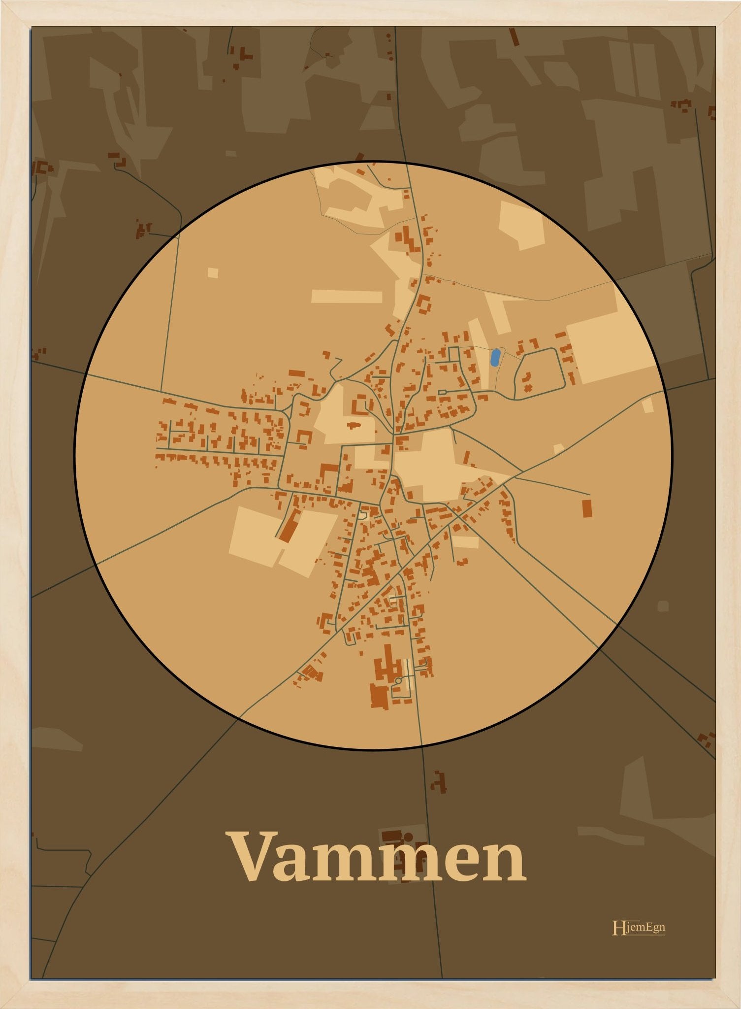 Vammen plakat i farve pastel brun og HjemEgn.dk design centrum. Design bykort for Vammen