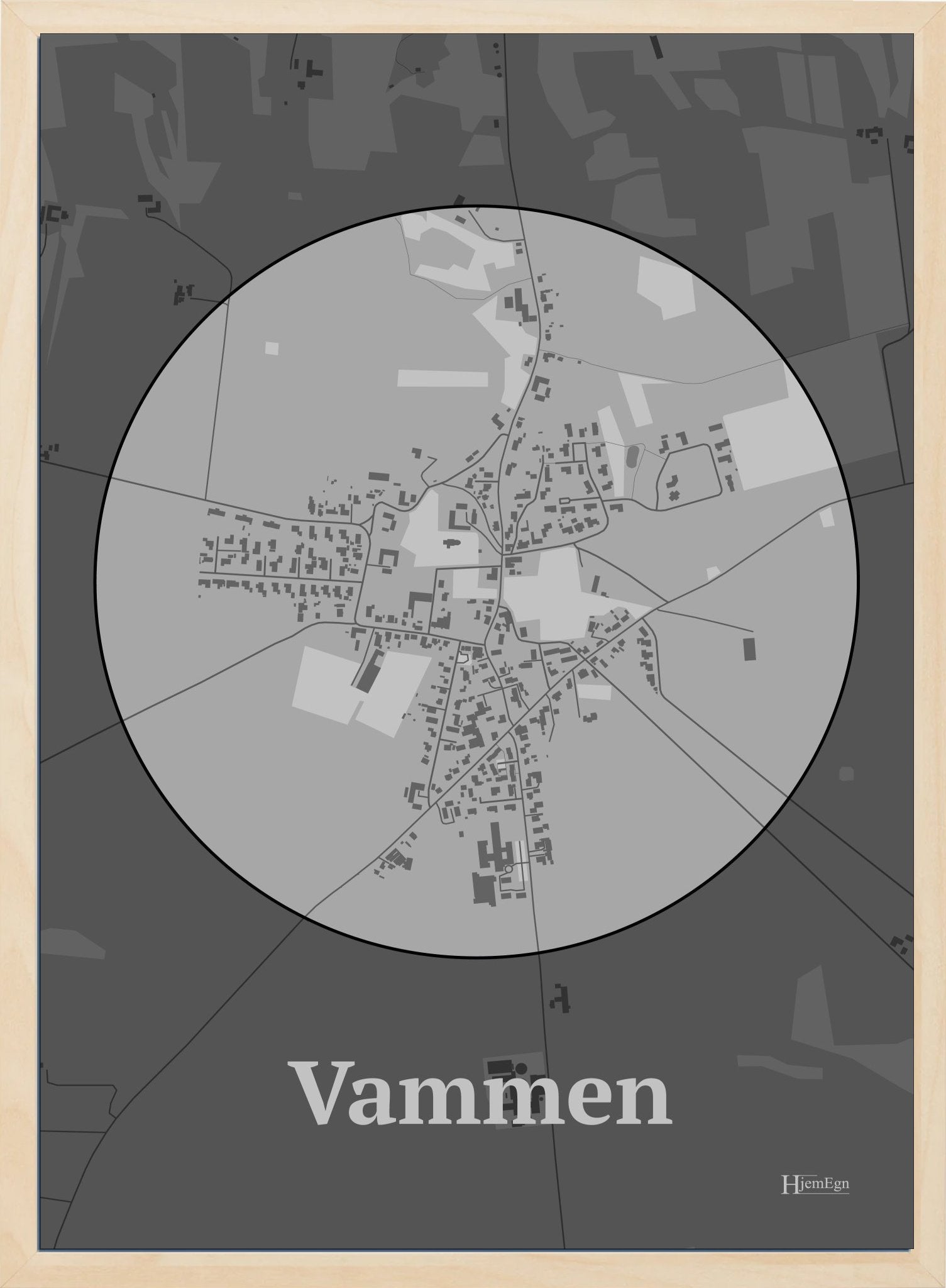 Vammen plakat i farve pastel grå og HjemEgn.dk design centrum. Design bykort for Vammen