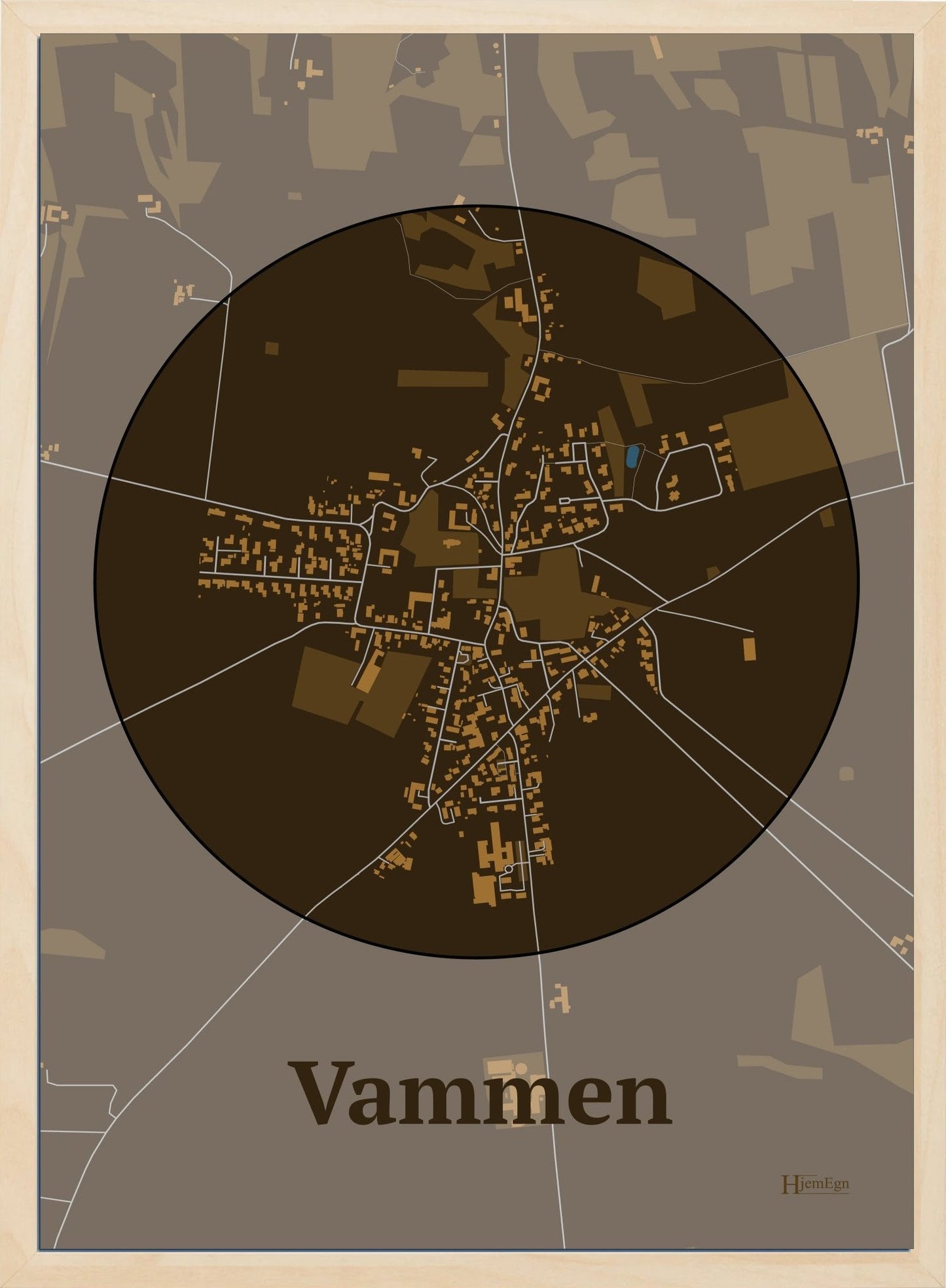 Vammen plakat i farve mørk brun og HjemEgn.dk design centrum. Design bykort for Vammen