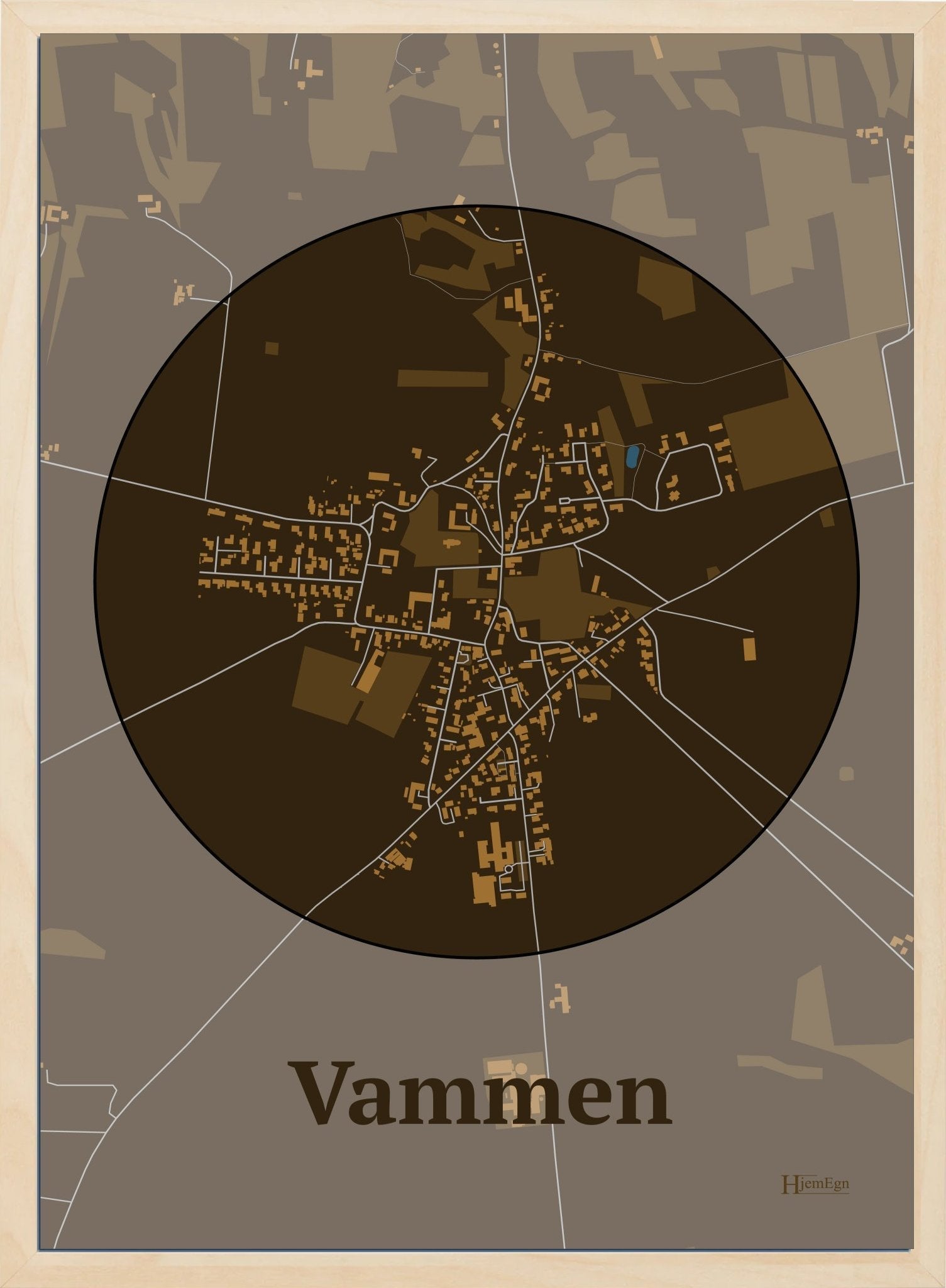 Vammen plakat i farve mørk brun og HjemEgn.dk design centrum. Design bykort for Vammen
