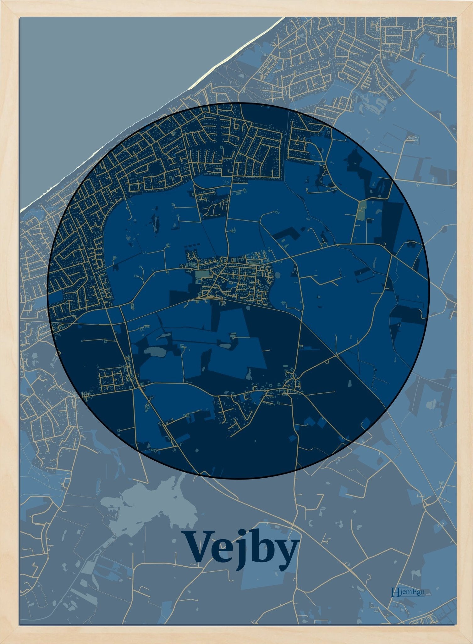Vejby plakat i farve mørk blå og HjemEgn.dk design centrum. Design bykort for Vejby
