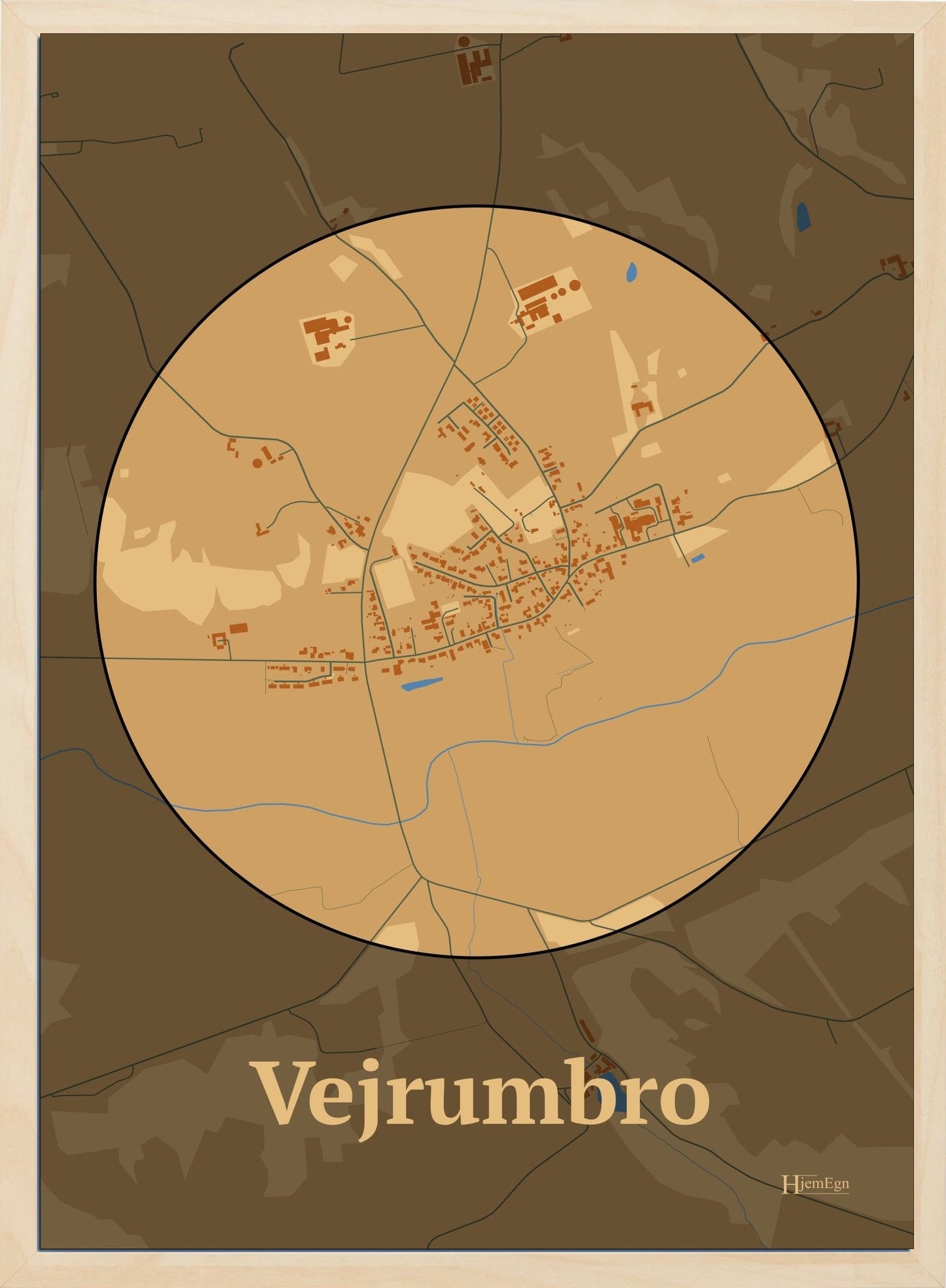 Vejrumbro plakat i farve pastel brun og HjemEgn.dk design centrum. Design bykort for Vejrumbro