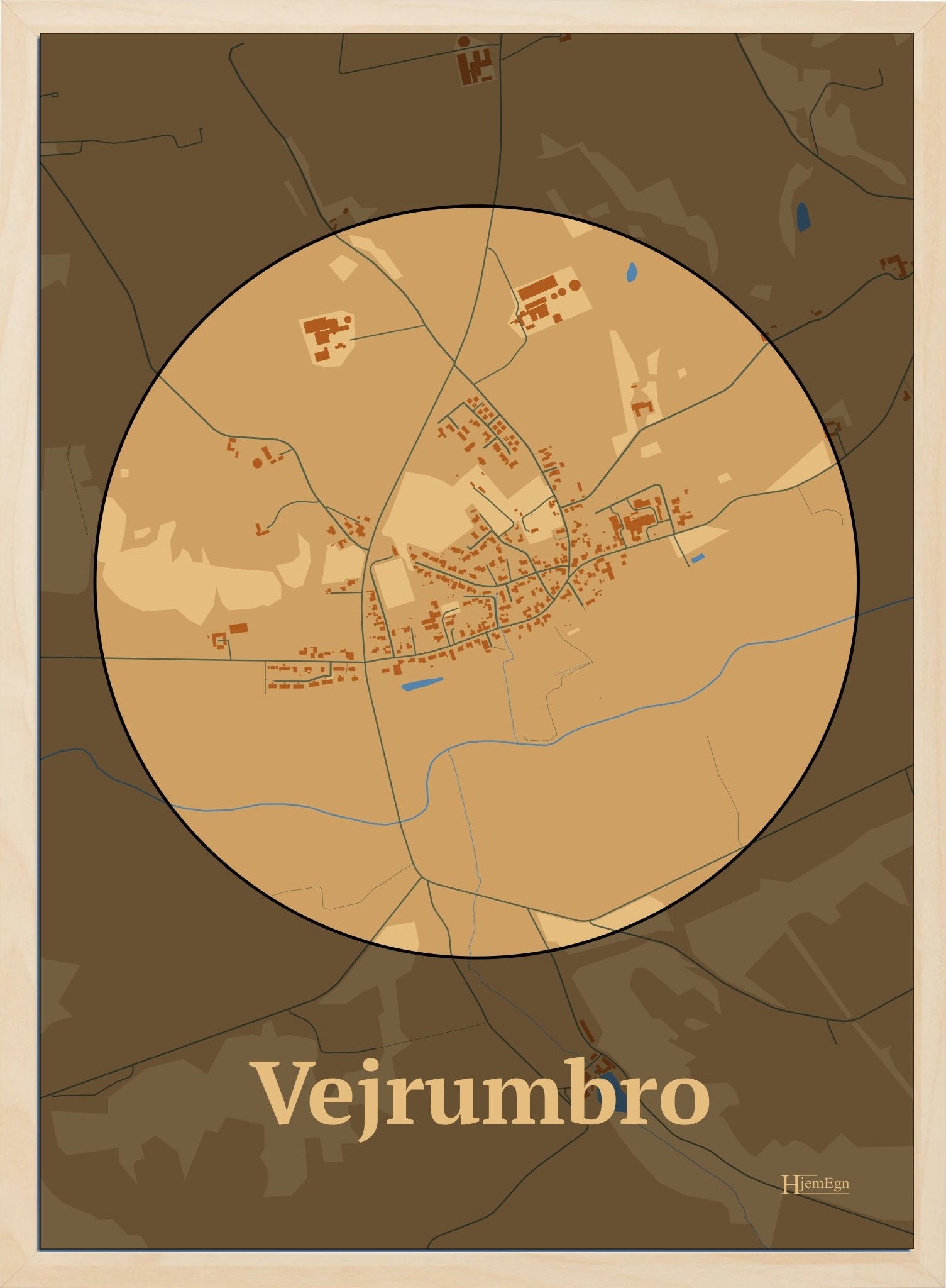 Vejrumbro plakat i farve pastel brun og HjemEgn.dk design centrum. Design bykort for Vejrumbro