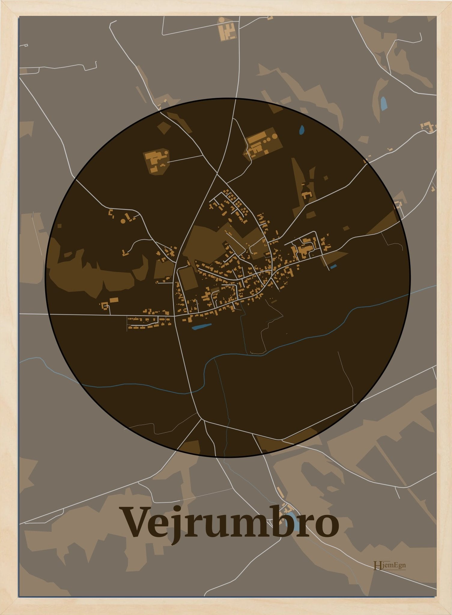 Vejrumbro plakat i farve mørk brun og HjemEgn.dk design centrum. Design bykort for Vejrumbro