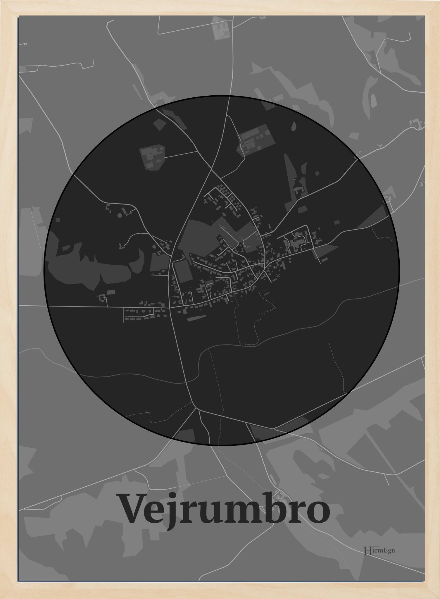 Vejrumbro plakat i farve mørk grå og HjemEgn.dk design centrum. Design bykort for Vejrumbro