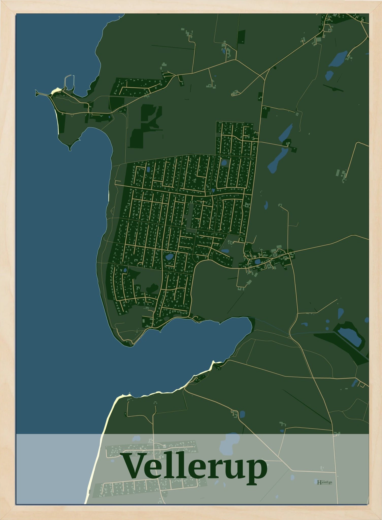 Vellerup plakat i farve mørk grøn og HjemEgn.dk design firkantet. Design bykort for Vellerup