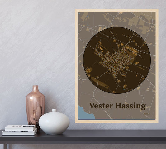 Vester Hassing plakat i farve  og HjemEgn.dk design centrum. Design bykort for Vester Hassing