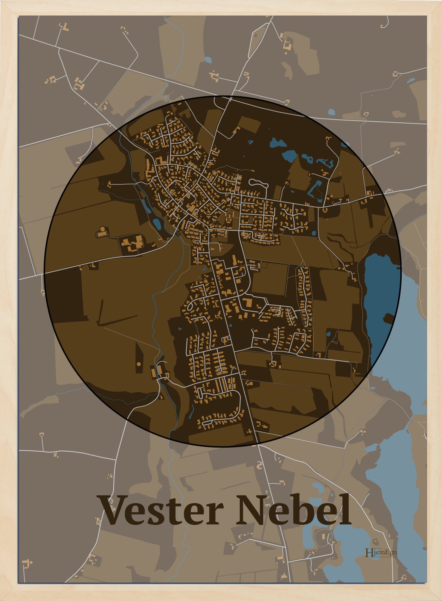 Vester Nebel plakat i farve mørk brun og HjemEgn.dk design centrum. Design bykort for Vester Nebel