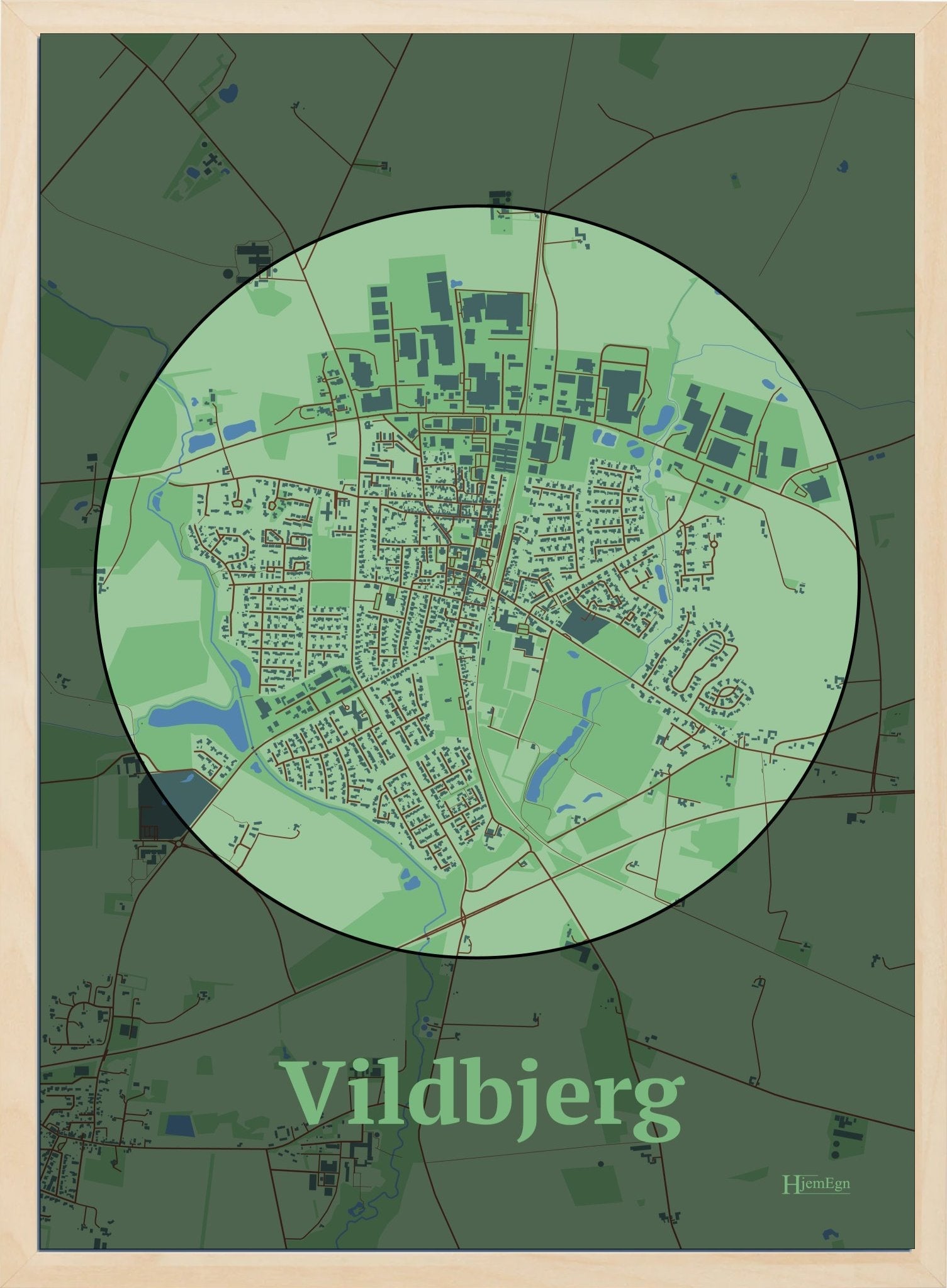 Vildbjerg plakat i farve pastel grøn og HjemEgn.dk design centrum. Design bykort for Vildbjerg