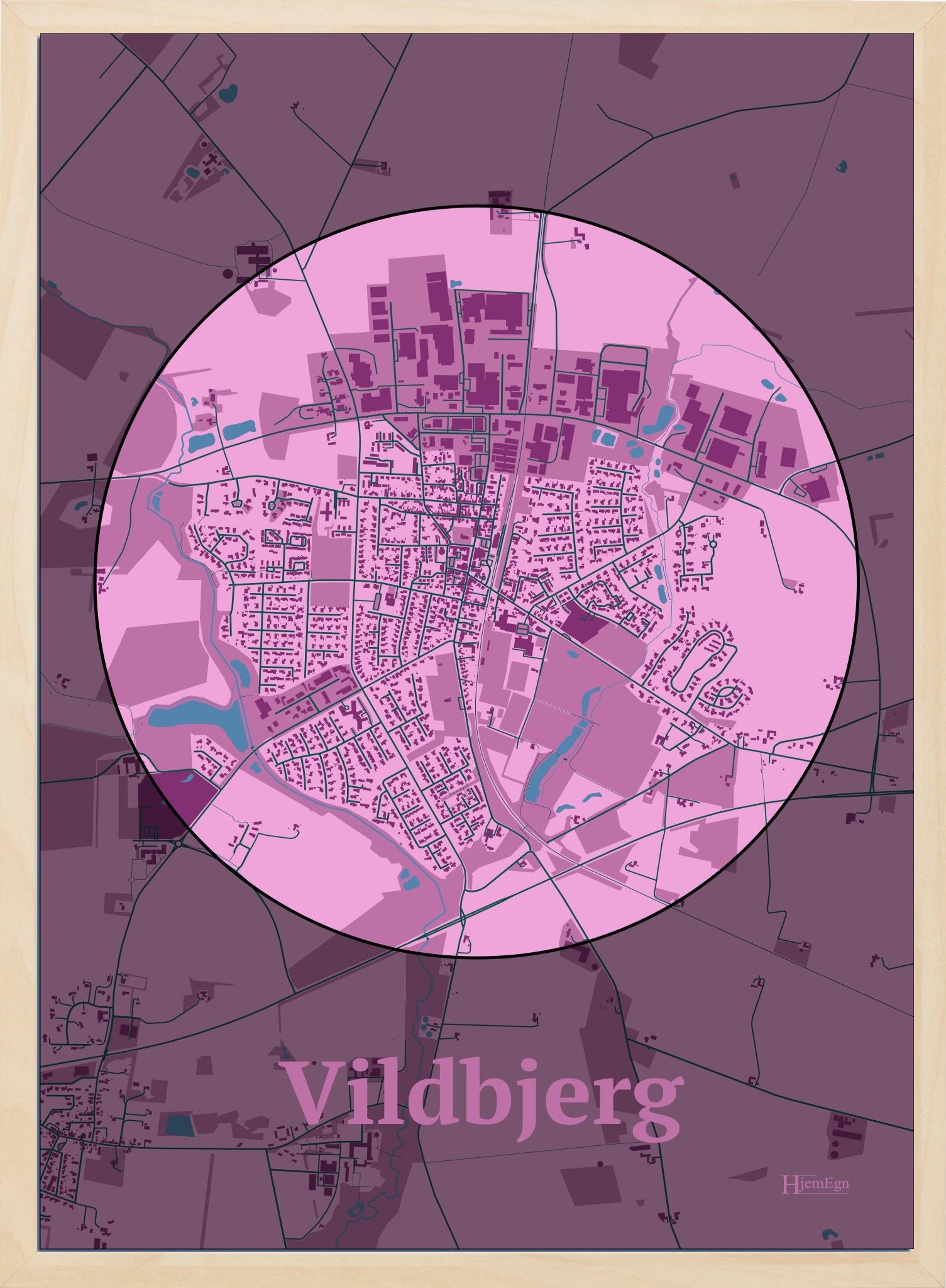 Vildbjerg plakat i farve pastel rød og HjemEgn.dk design centrum. Design bykort for Vildbjerg