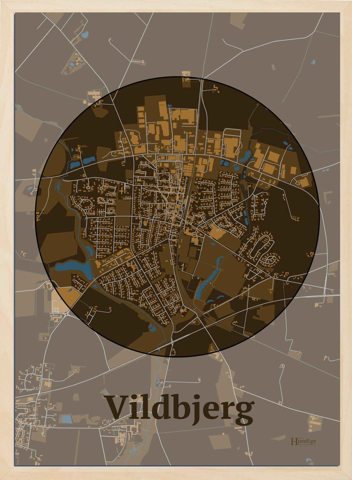 Vildbjerg plakat i farve mørk brun og HjemEgn.dk design centrum. Design bykort for Vildbjerg