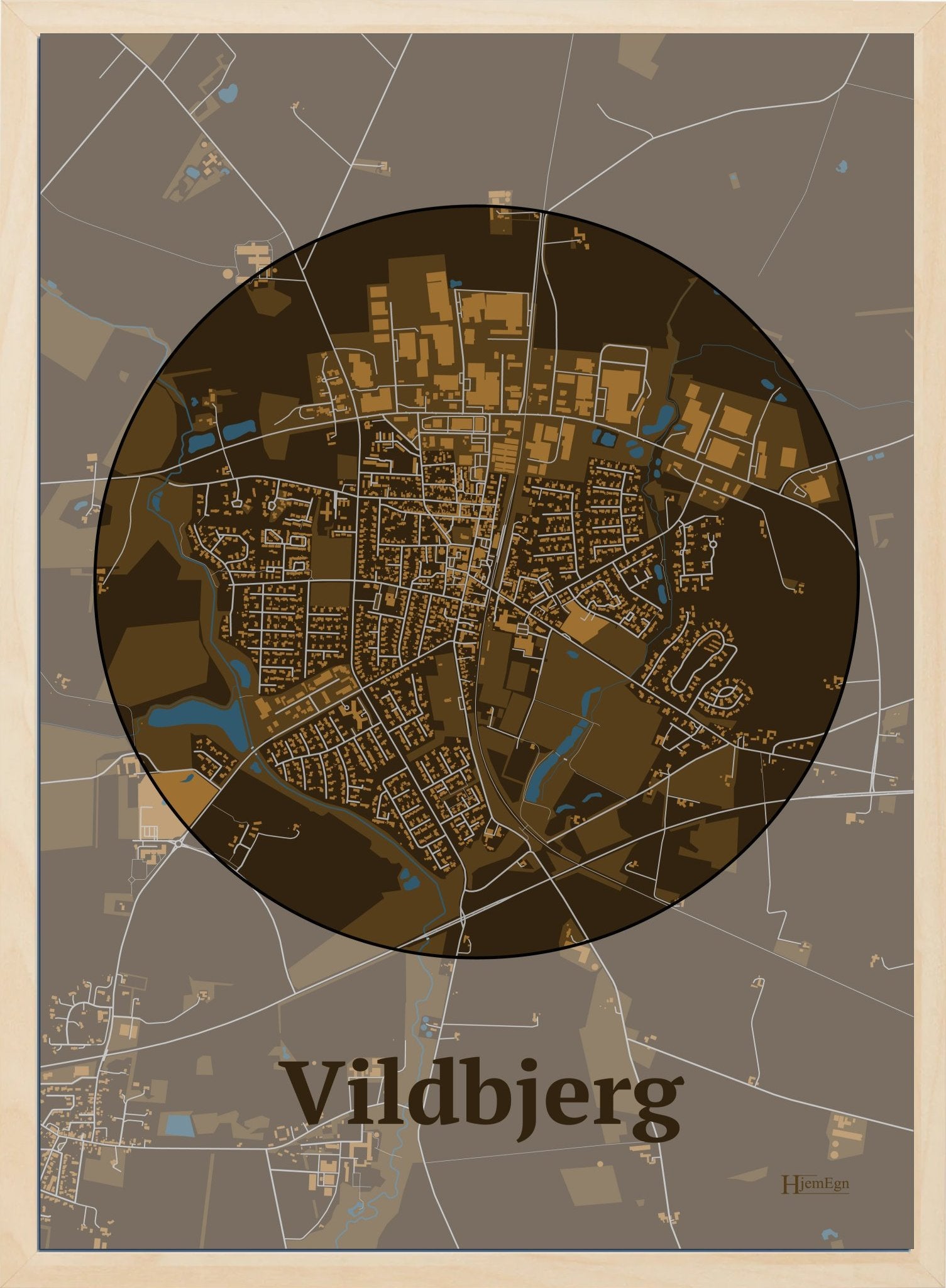 Vildbjerg plakat i farve mørk brun og HjemEgn.dk design centrum. Design bykort for Vildbjerg