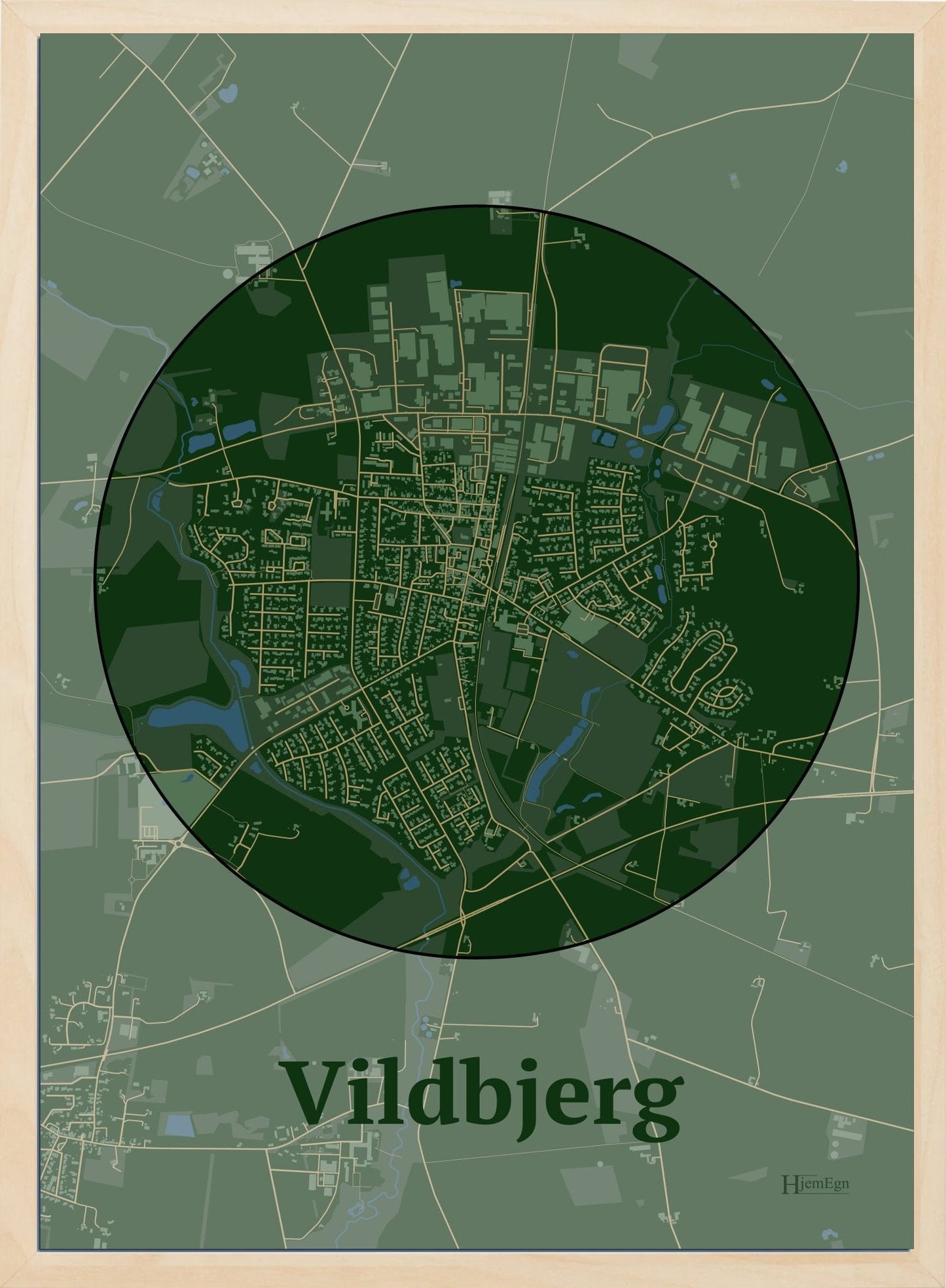 Vildbjerg plakat i farve mørk grøn og HjemEgn.dk design centrum. Design bykort for Vildbjerg