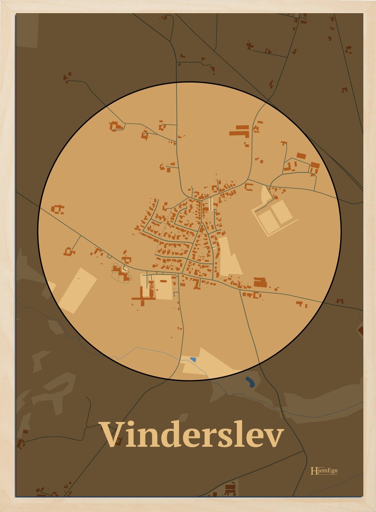 Vinderslev plakat i farve pastel brun og HjemEgn.dk design centrum. Design bykort for Vinderslev