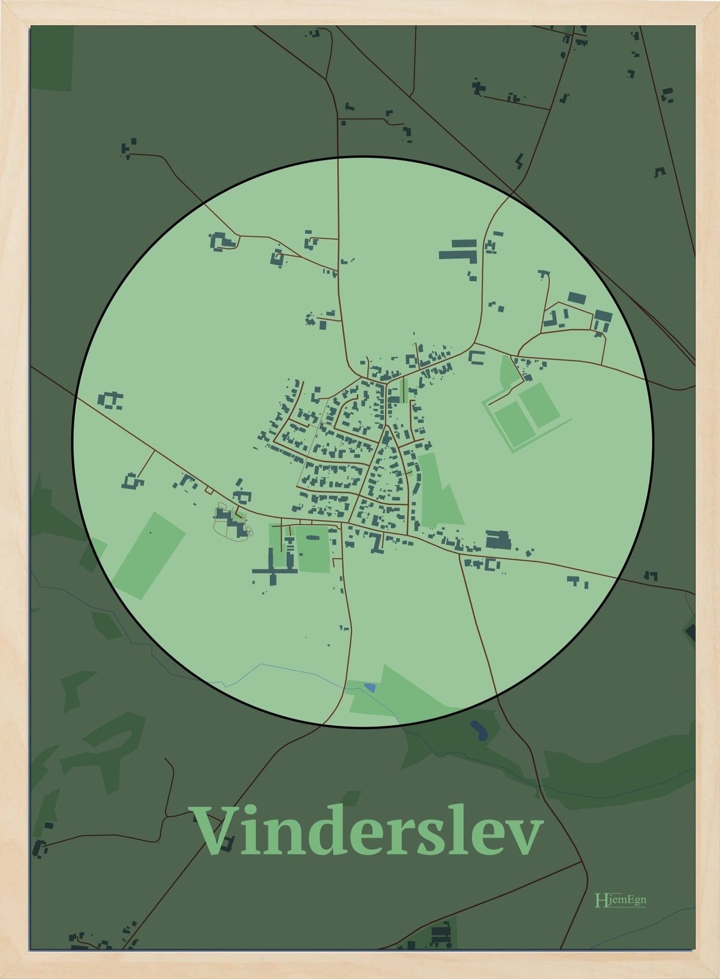 Vinderslev plakat i farve pastel grøn og HjemEgn.dk design centrum. Design bykort for Vinderslev