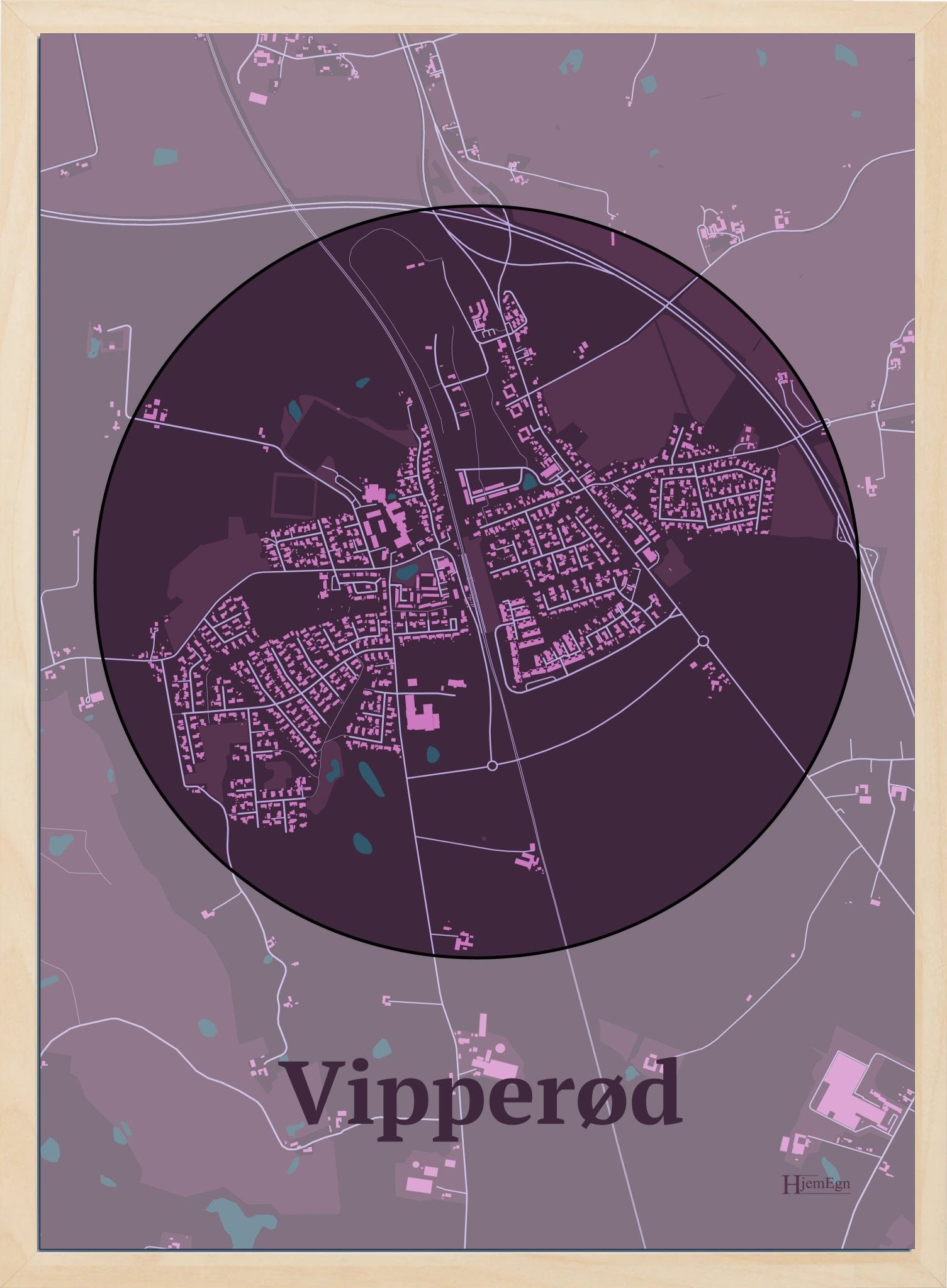 Vipperød plakat i farve mørk rød og HjemEgn.dk design centrum. Design bykort for Vipperød
