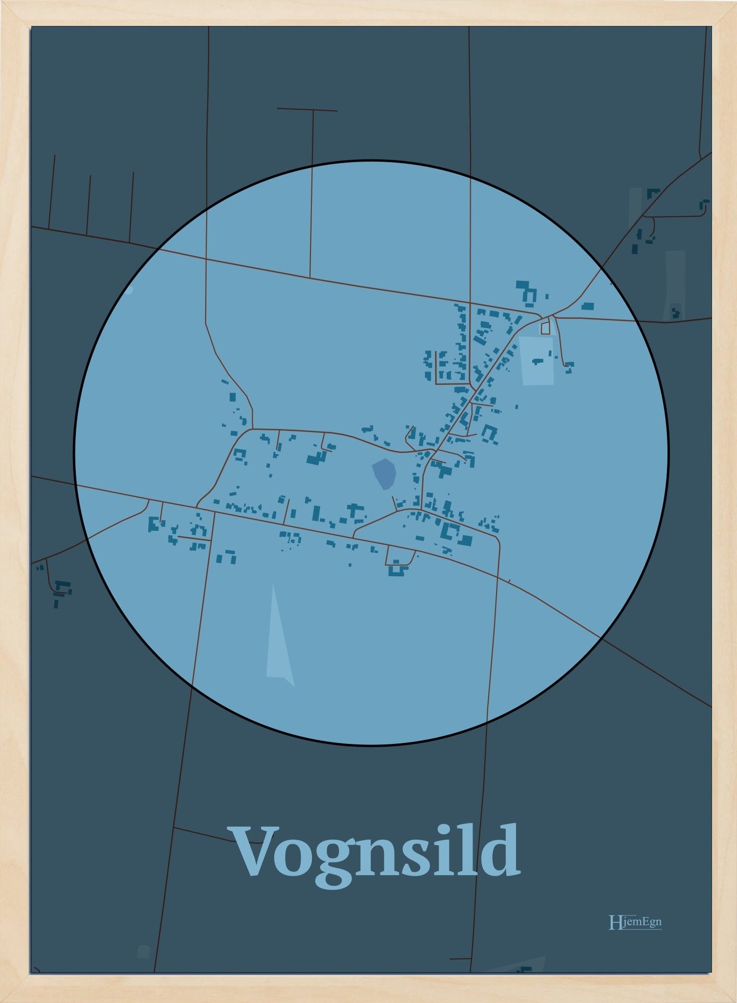 Vognsild plakat i farve pastel blå og HjemEgn.dk design centrum. Design bykort for Vognsild