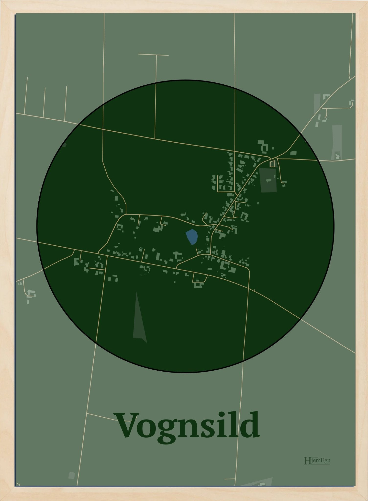 Vognsild plakat i farve mørk grøn og HjemEgn.dk design centrum. Design bykort for Vognsild