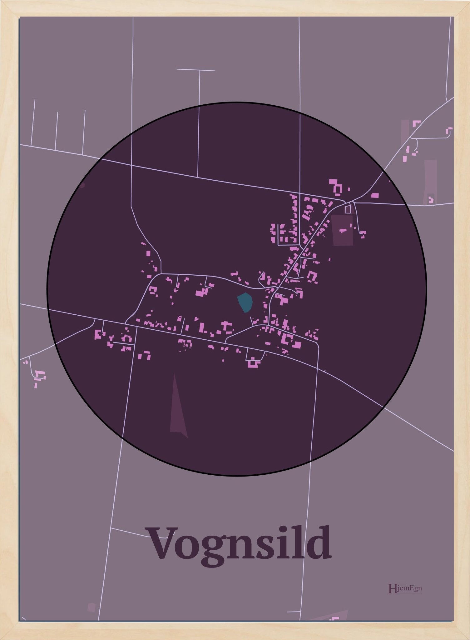 Vognsild plakat i farve mørk rød og HjemEgn.dk design centrum. Design bykort for Vognsild