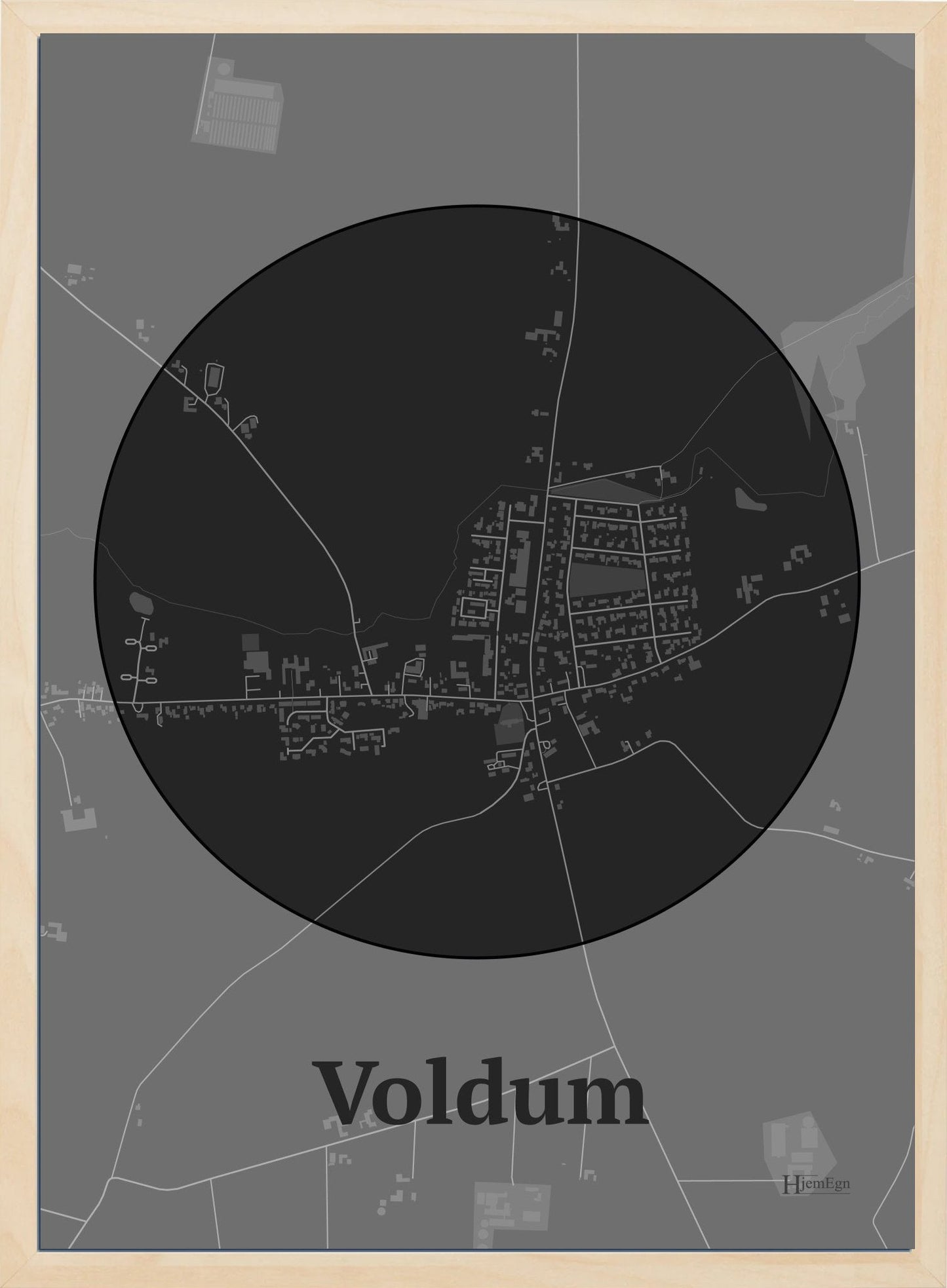 Voldum plakat i farve mørk grå og HjemEgn.dk design centrum. Design bykort for Voldum
