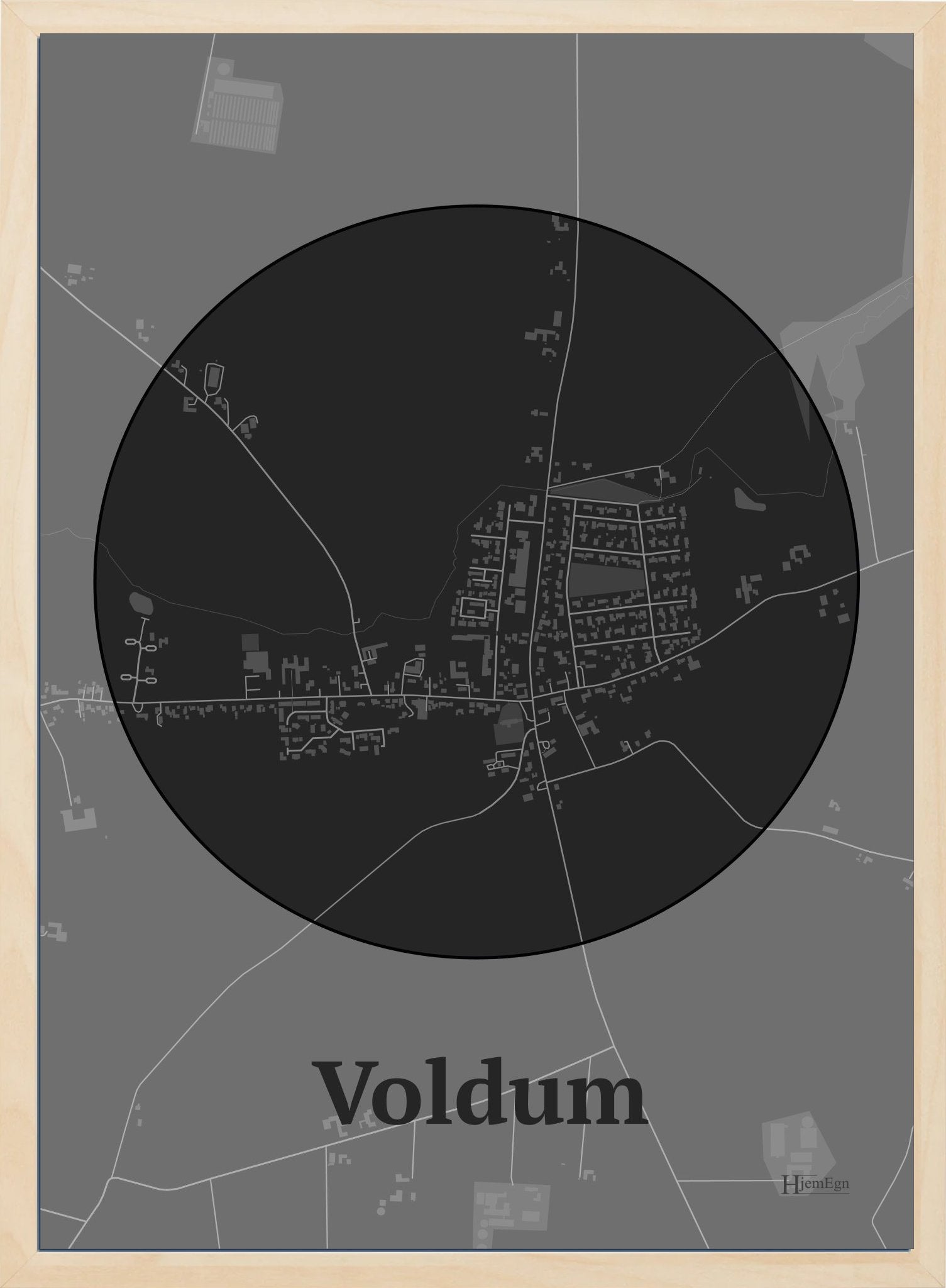 Voldum plakat i farve mørk grå og HjemEgn.dk design centrum. Design bykort for Voldum