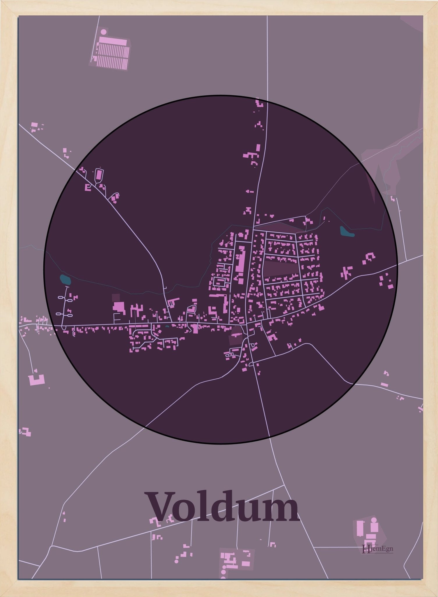 Voldum plakat i farve mørk rød og HjemEgn.dk design centrum. Design bykort for Voldum