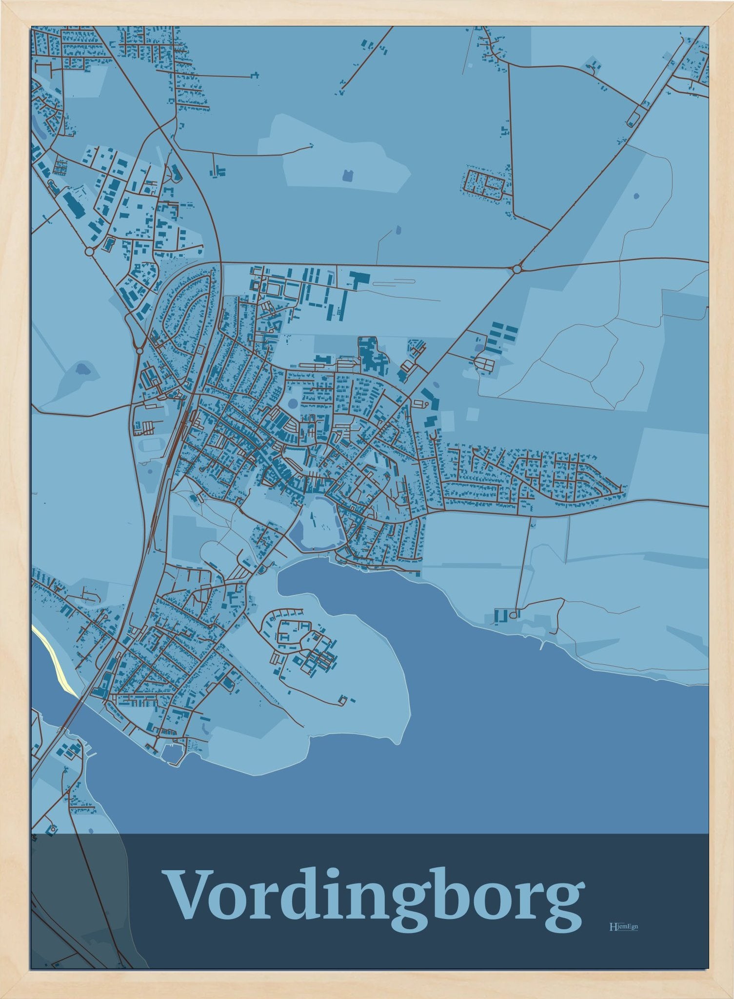 Vordingborg plakat i farve pastel blå og HjemEgn.dk design firkantet. Design bykort for Vordingborg