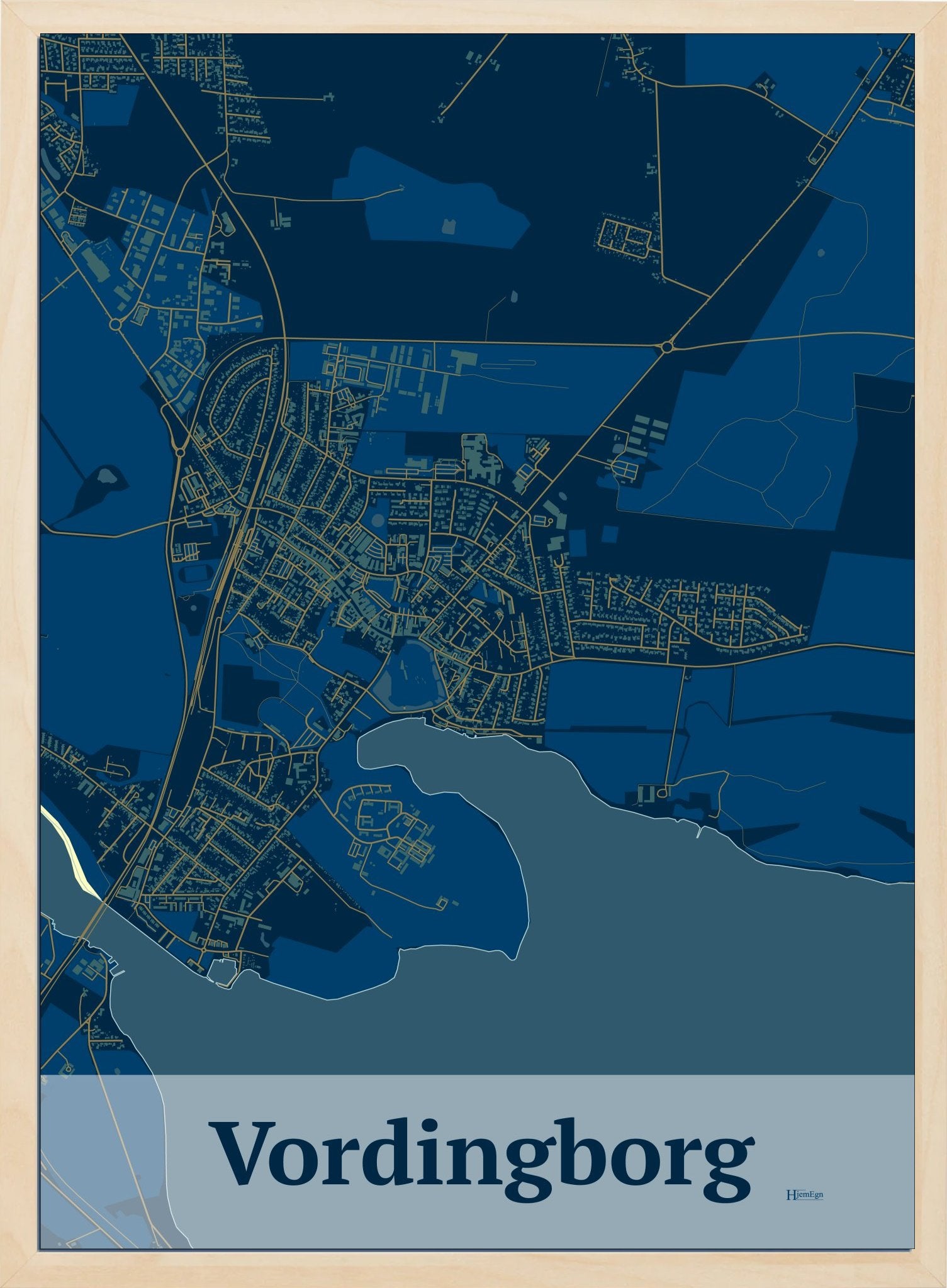 Vordingborg plakat i farve mørk blå og HjemEgn.dk design firkantet. Design bykort for Vordingborg