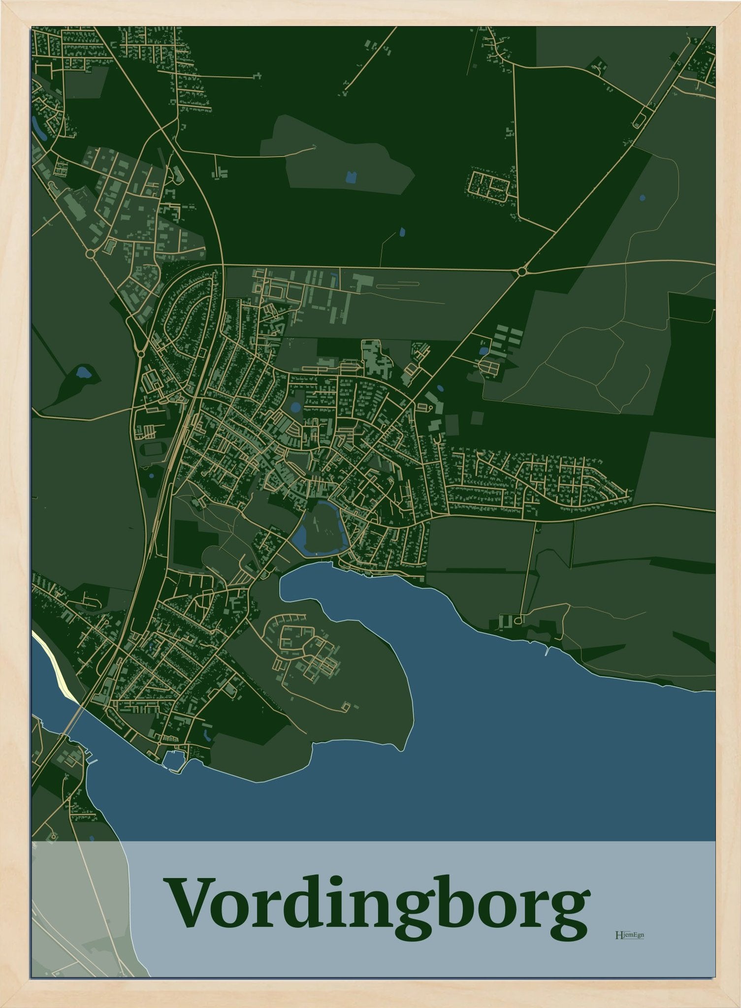 Vordingborg plakat i farve mørk grøn og HjemEgn.dk design firkantet. Design bykort for Vordingborg
